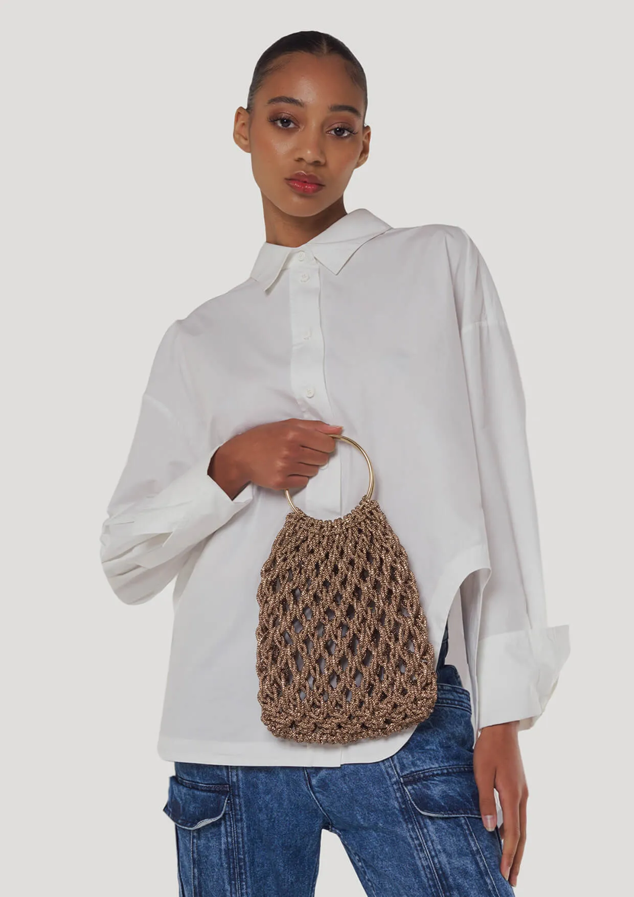 Ambra Ring-Handle Crystal Woven Handbag