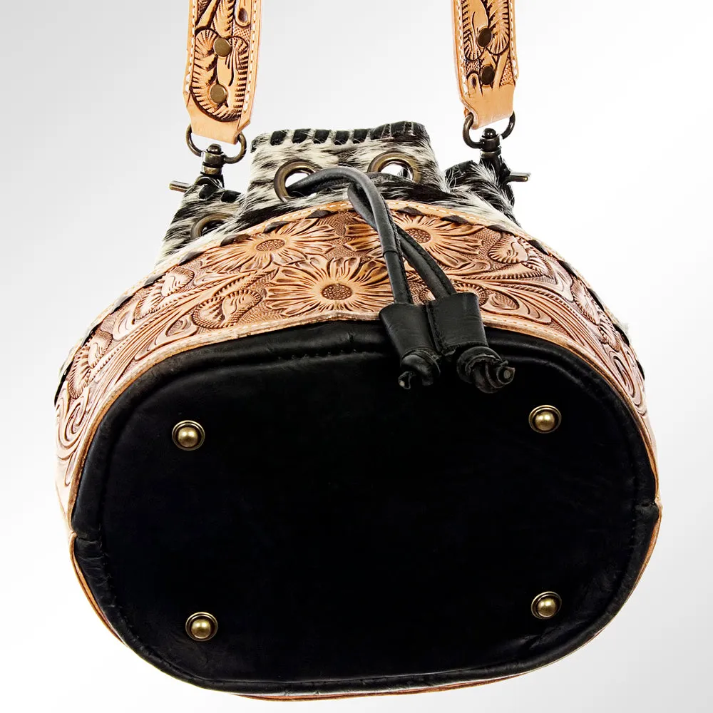 American Darling ADBG537BKW Bucket Hand Tooled Hair-On Genuine Leather Women Bag Western Handbag Purse