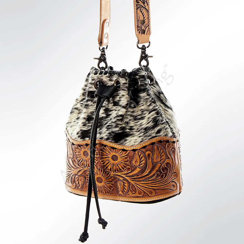 American Darling ADBG537BKW Bucket Hand Tooled Hair-On Genuine Leather Women Bag Western Handbag Purse