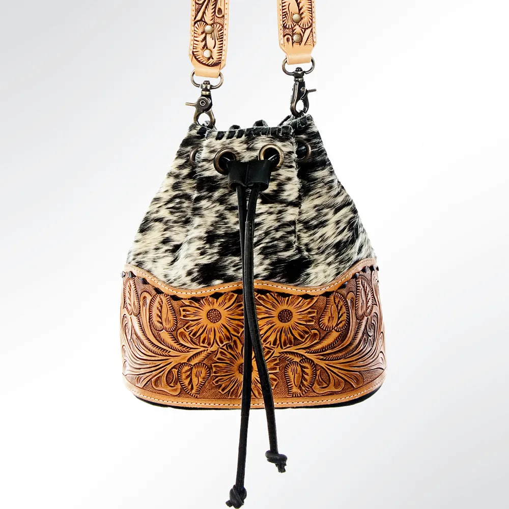 American Darling ADBG537BKW Bucket Hand Tooled Hair-On Genuine Leather Women Bag Western Handbag Purse