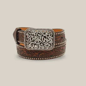 Ariat Western Girls Belt Youth Leather Embossed Floral Studded Brown - A1303602