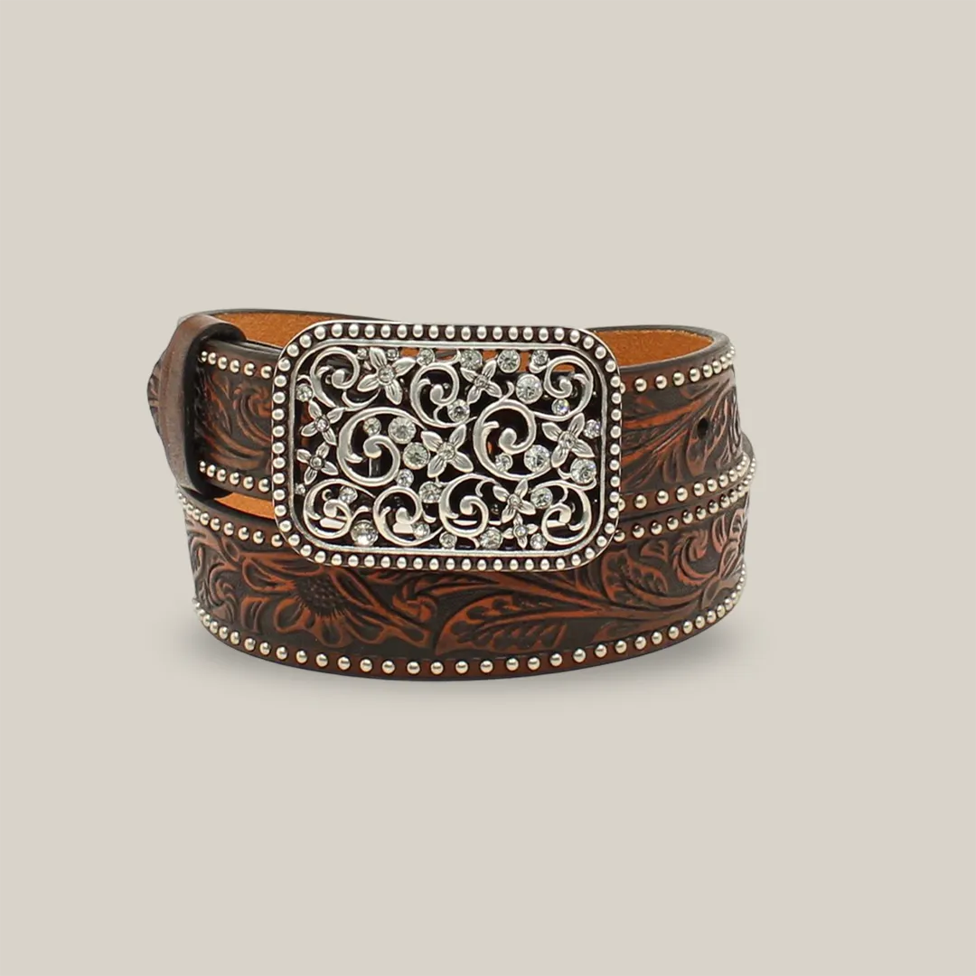 Ariat Western Girls Belt Youth Leather Embossed Floral Studded Brown - A1303602