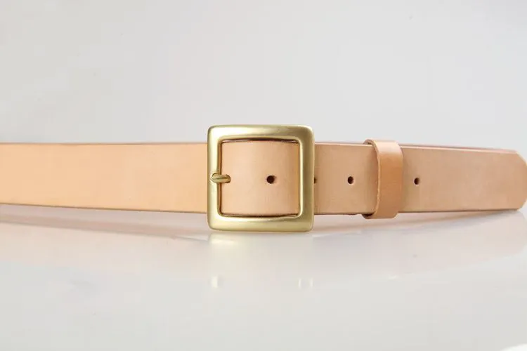 Beige Handmade Leather Belts Minimalist Mens Brass Beige Leather Belts for Men