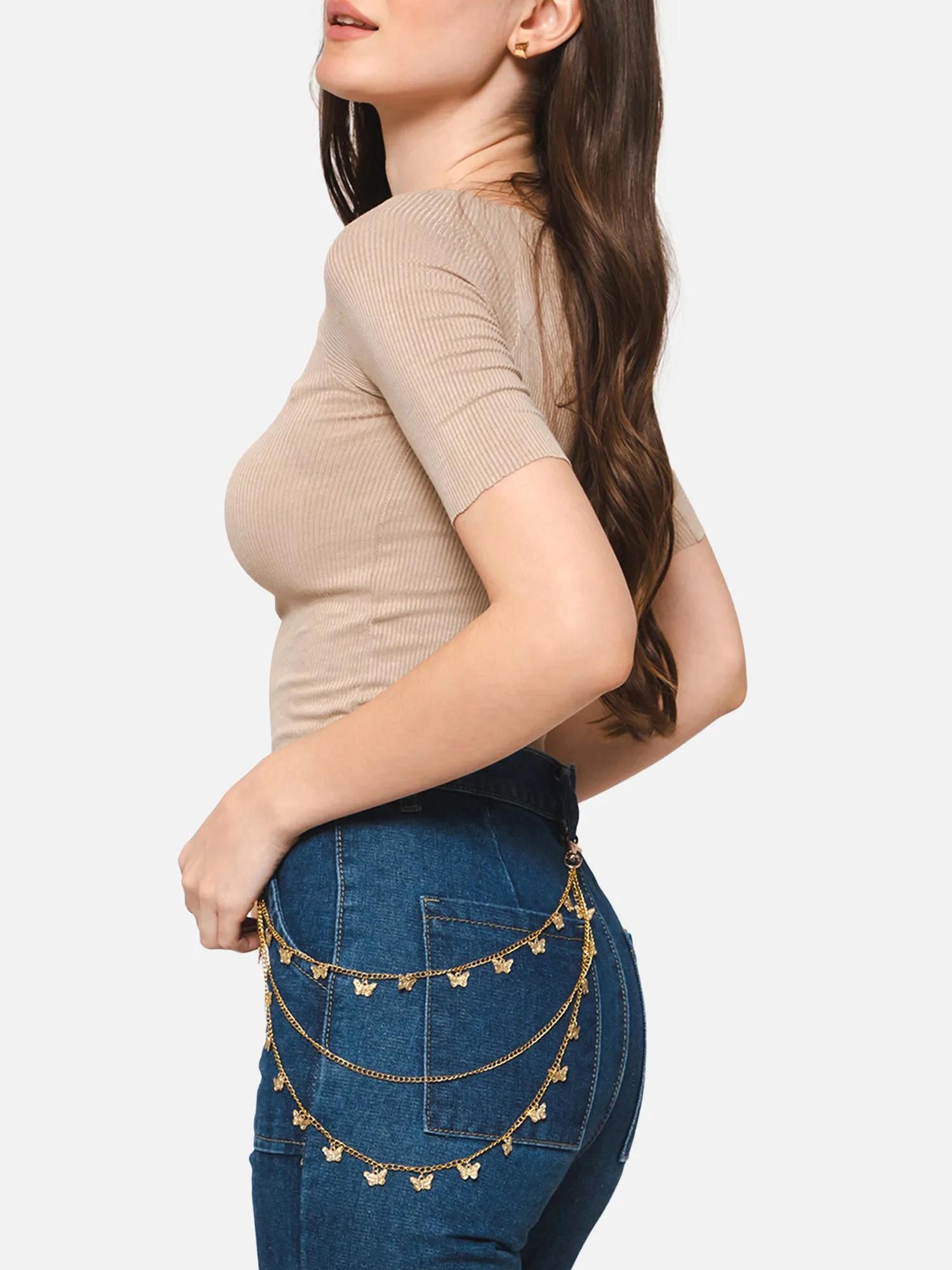 Berrylush Women Golden Metal Butterfly Layered Interlock Slim Chain Belt