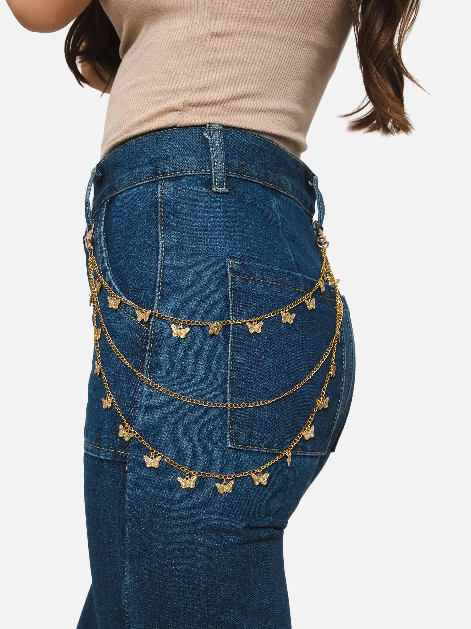 Berrylush Women Golden Metal Butterfly Layered Interlock Slim Chain Belt