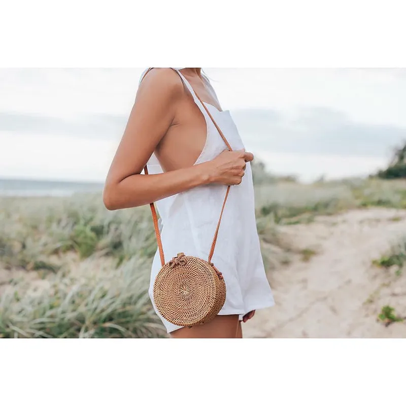 Bohemian Circular Beach Bag Hand Woven Straw   Round Butterfly Rattan buckle with real leather strap