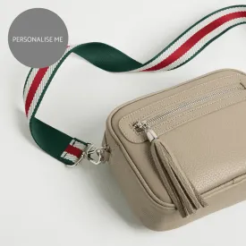 Florence Crossbody Bag in Beige with Green Stripe Strap