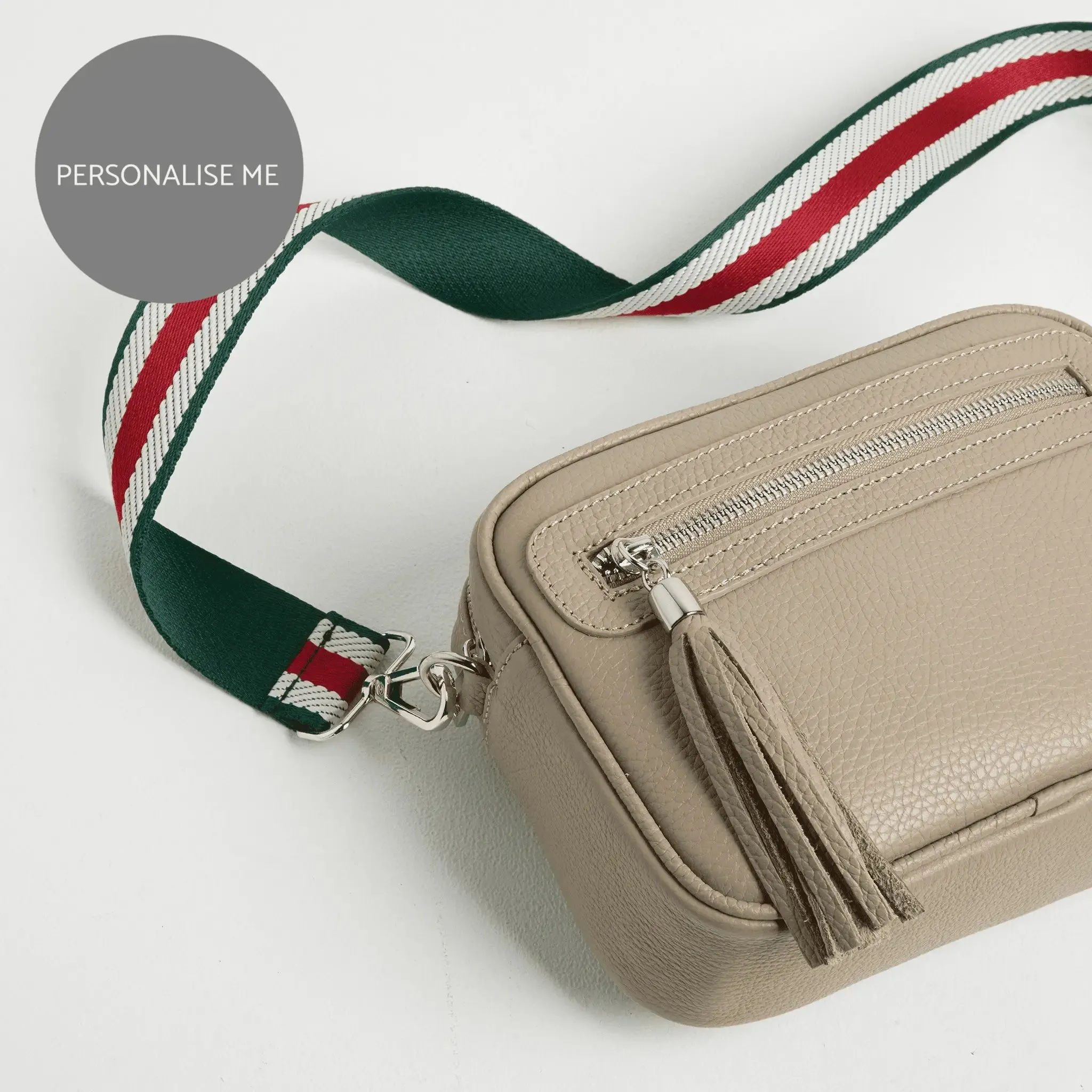 Florence Crossbody Bag in Beige with Green Stripe Strap