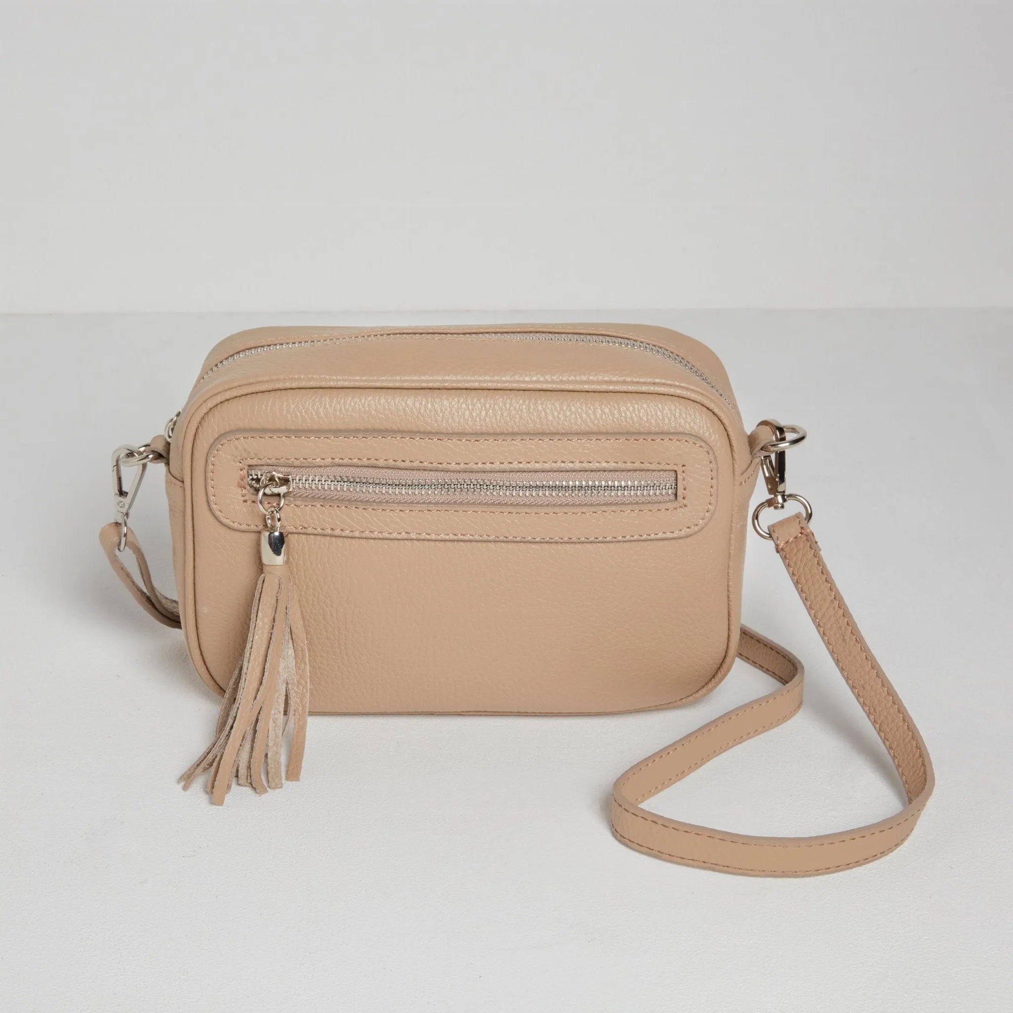 Florence Crossbody Bag in Beige with Green Stripe Strap