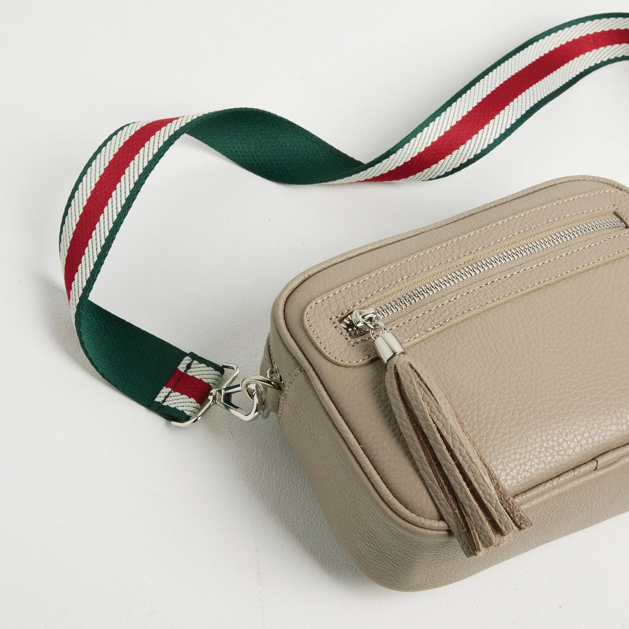 Florence Crossbody Bag in Beige with Green Stripe Strap
