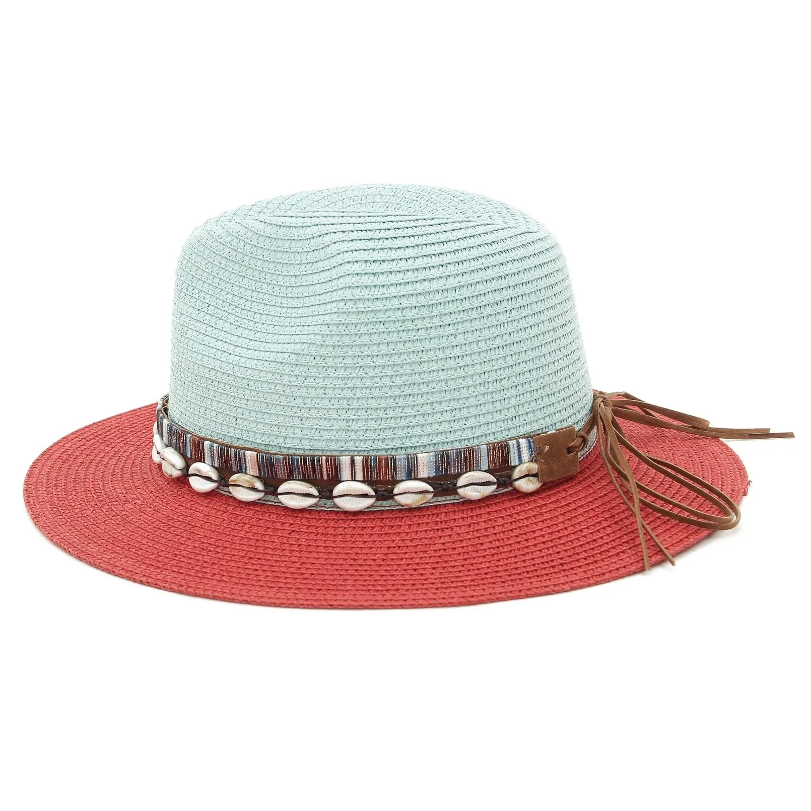 GEMVIE Straw Sun Hat for Women Men's Panama Sun Hat Patchwork Wide Brim Straw Fedora Hat Beach Summer Hat with Shell Band