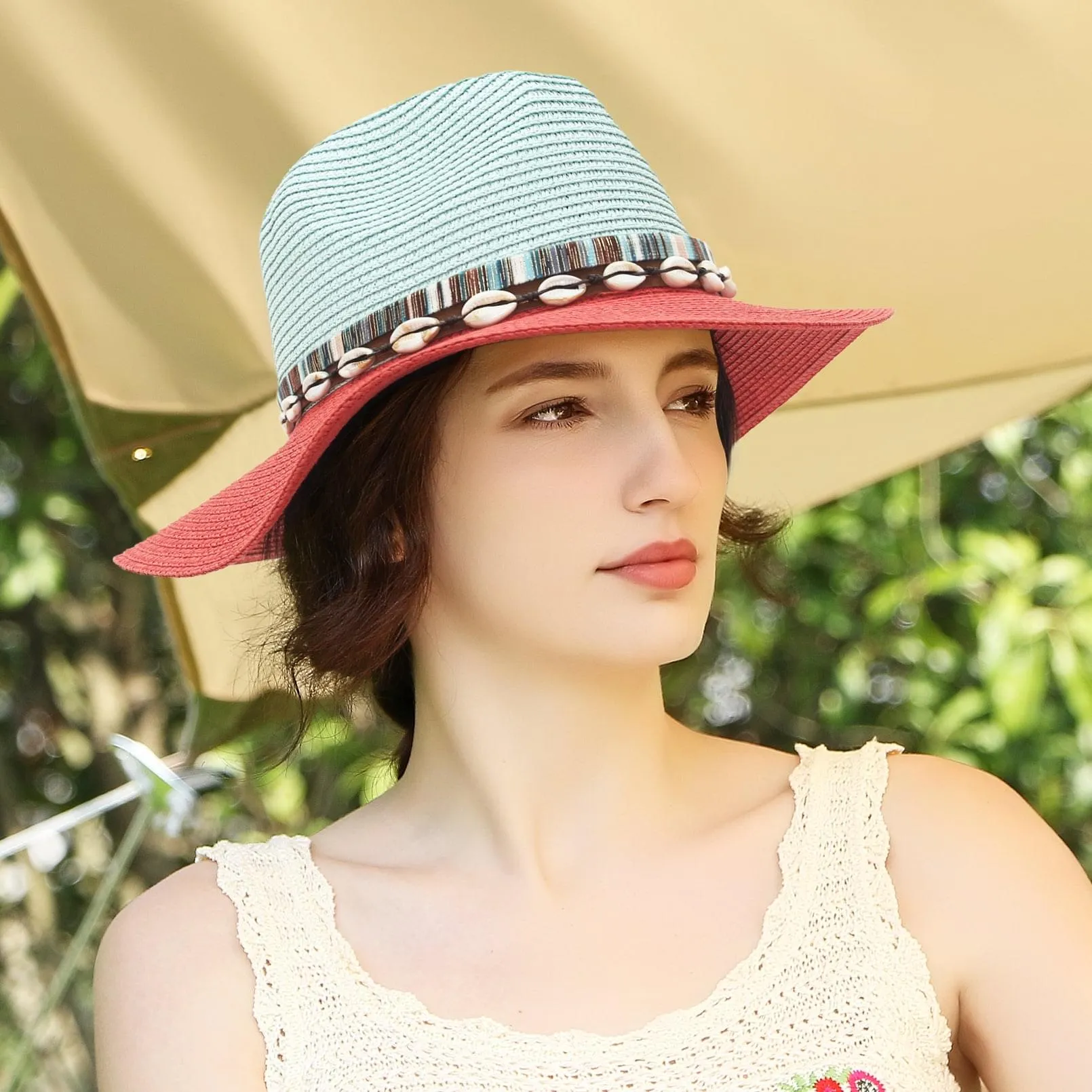 GEMVIE Straw Sun Hat for Women Men's Panama Sun Hat Patchwork Wide Brim Straw Fedora Hat Beach Summer Hat with Shell Band