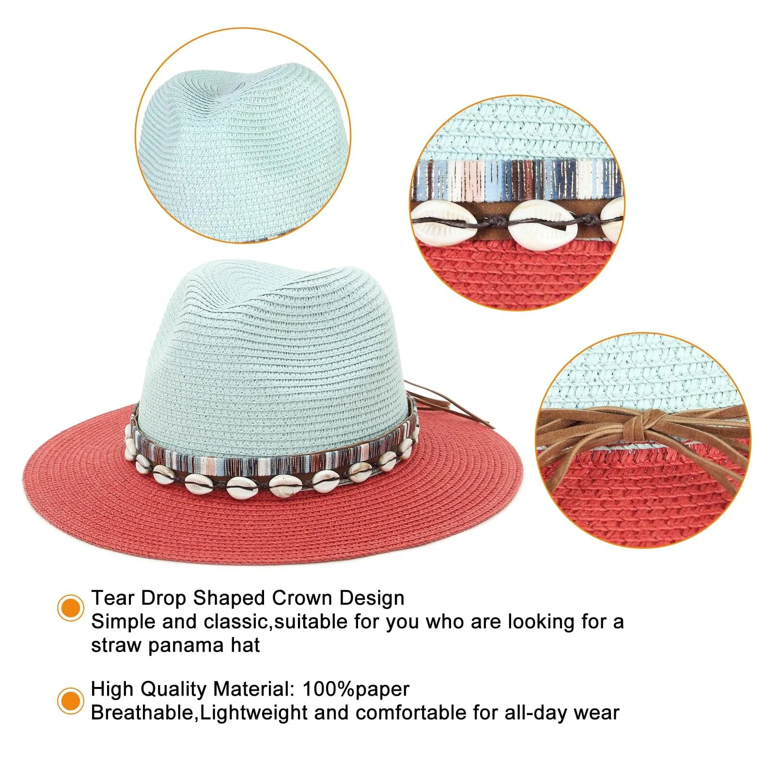 GEMVIE Straw Sun Hat for Women Men's Panama Sun Hat Patchwork Wide Brim Straw Fedora Hat Beach Summer Hat with Shell Band