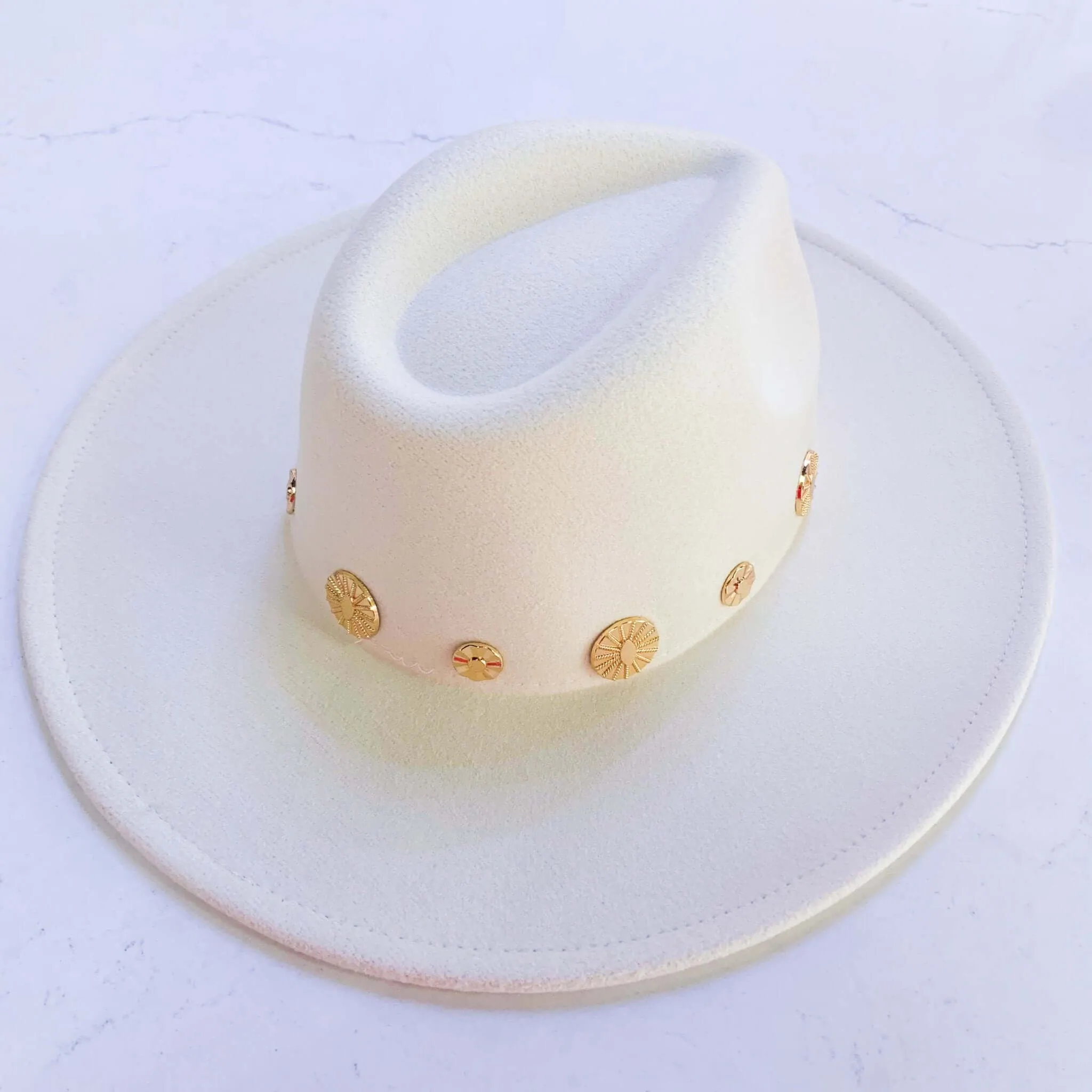 Golden Hat: Cream Gold Studded Wide Brim Hat
