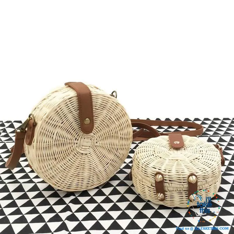 Handwoven Round Rattan Straw Beach Bags ideal Shoulder or Crossbody Bags - Small or Medium Sizing