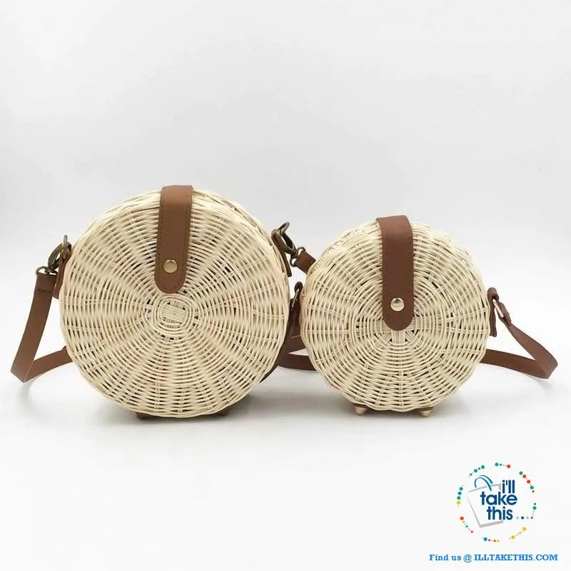 Handwoven Round Rattan Straw Beach Bags ideal Shoulder or Crossbody Bags - Small or Medium Sizing