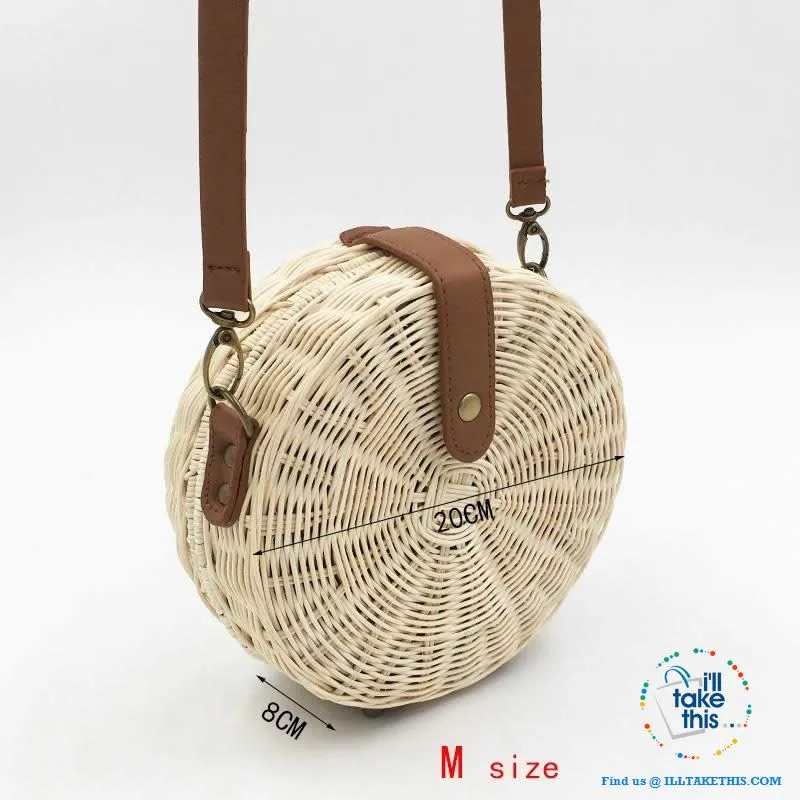 Handwoven Round Rattan Straw Beach Bags ideal Shoulder or Crossbody Bags - Small or Medium Sizing