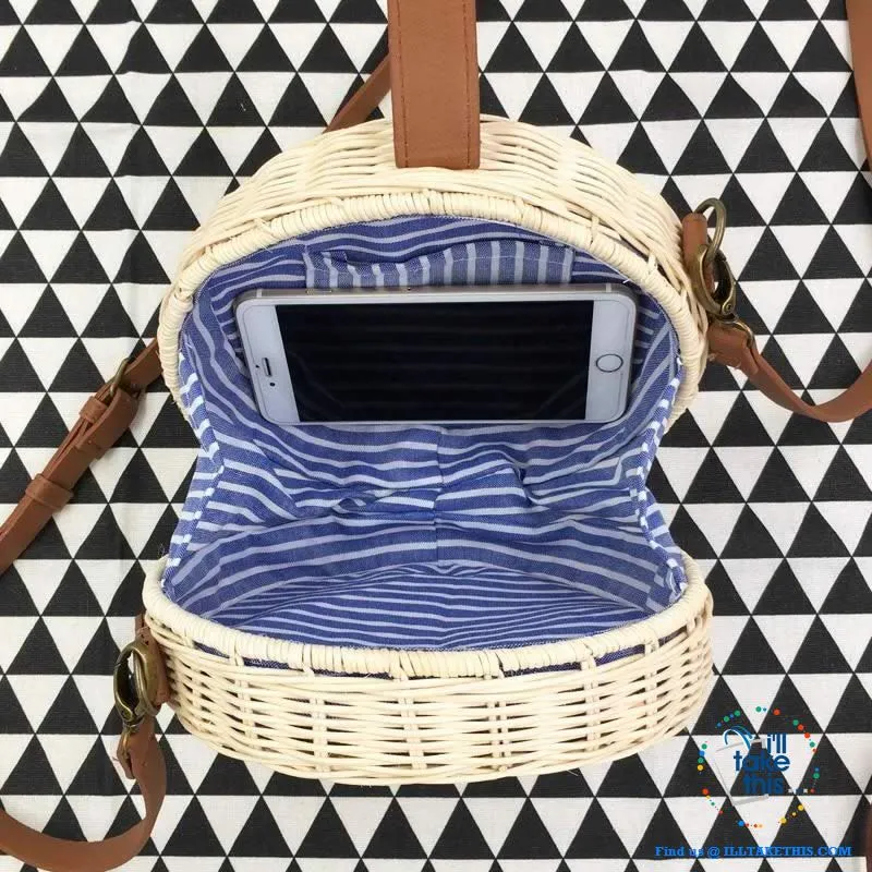Handwoven Round Rattan Straw Beach Bags ideal Shoulder or Crossbody Bags - Small or Medium Sizing