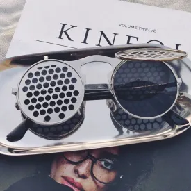 Hip Hop Old School Gothic Flip Circular Double Metal Round Sunglasses