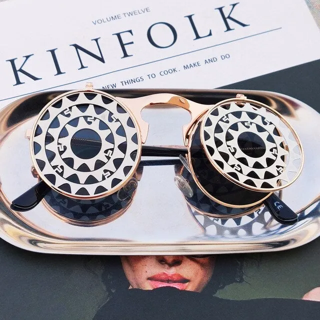 Hip Hop Old School Gothic Flip Circular Double Metal Round Sunglasses