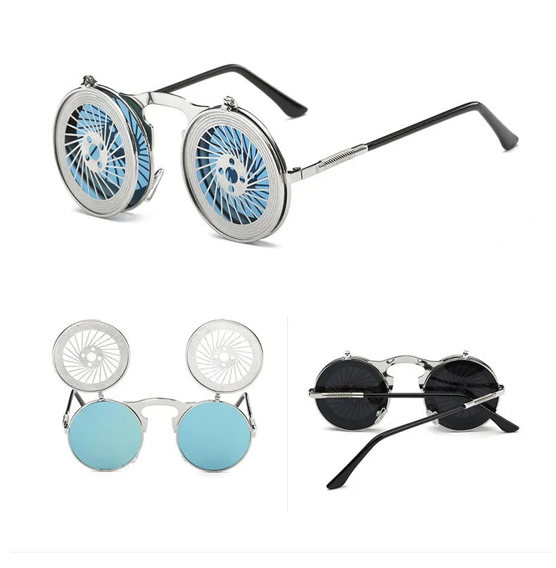 Hip Hop Old School Gothic Flip Circular Double Metal Round Sunglasses