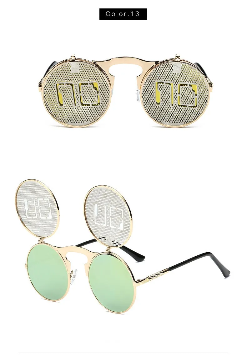 Hip Hop Old School Gothic Flip Circular Double Metal Round Sunglasses