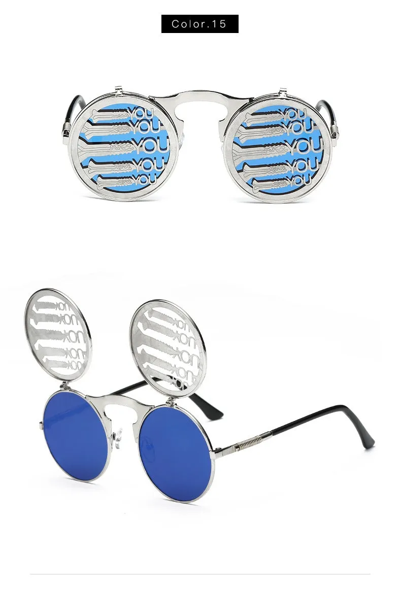 Hip Hop Old School Gothic Flip Circular Double Metal Round Sunglasses