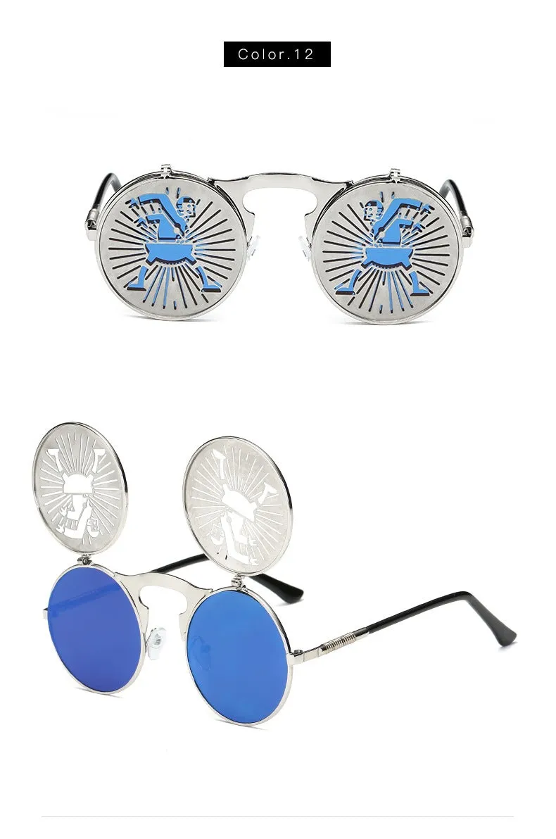 Hip Hop Old School Gothic Flip Circular Double Metal Round Sunglasses