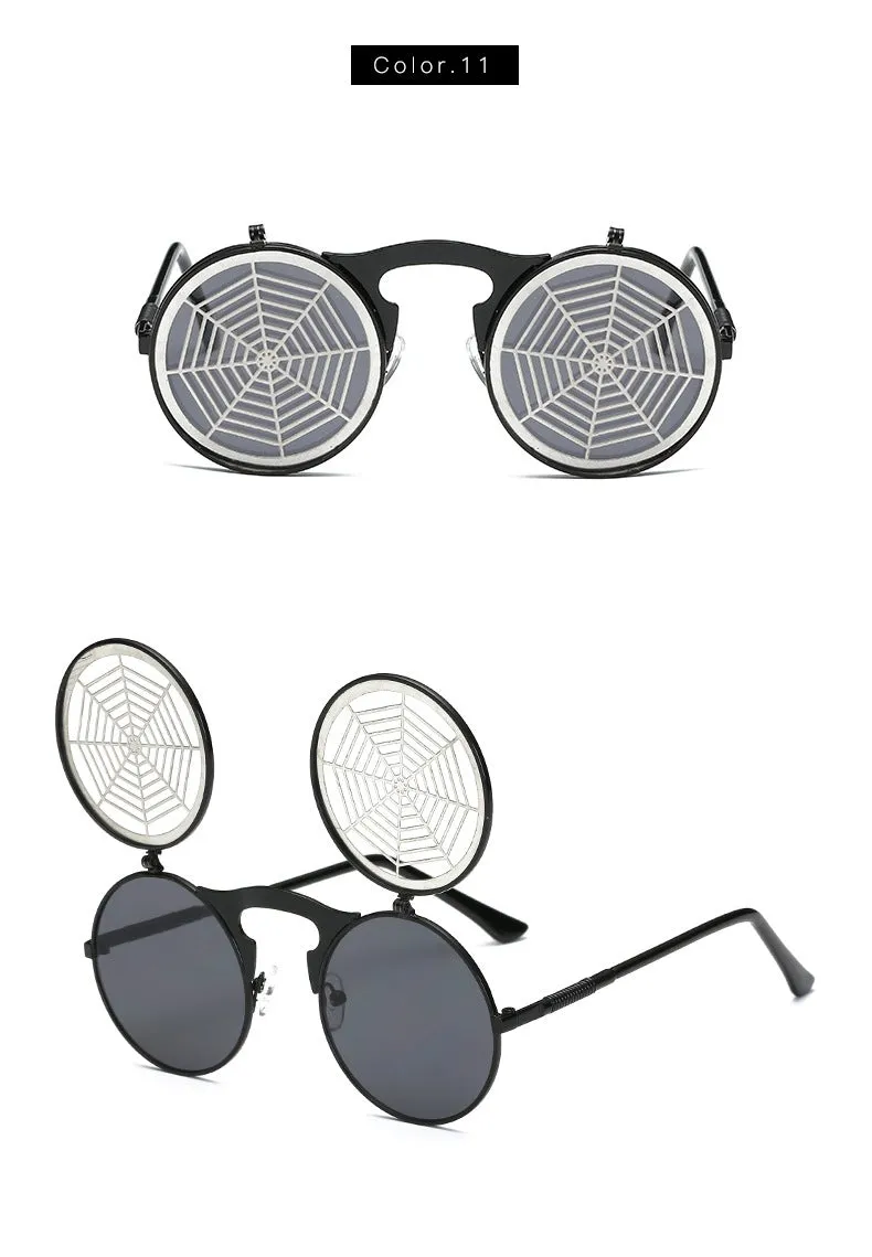Hip Hop Old School Gothic Flip Circular Double Metal Round Sunglasses