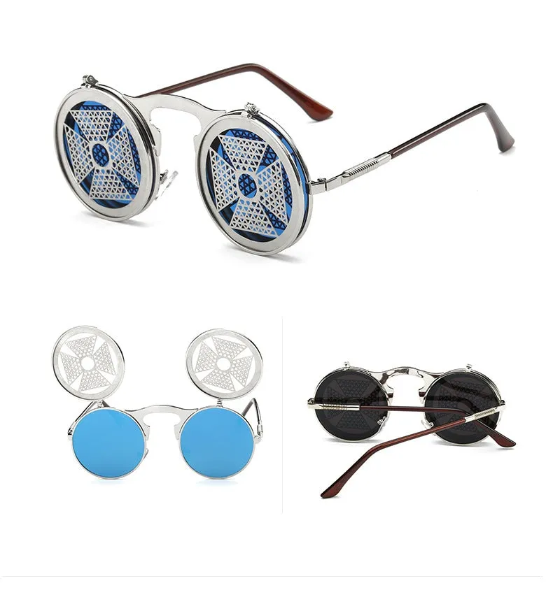 Hip Hop Old School Gothic Flip Circular Double Metal Round Sunglasses