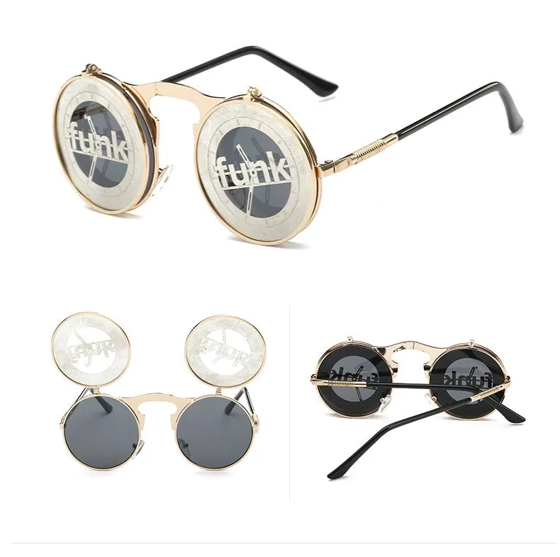 Hip Hop Old School Gothic Flip Circular Double Metal Round Sunglasses