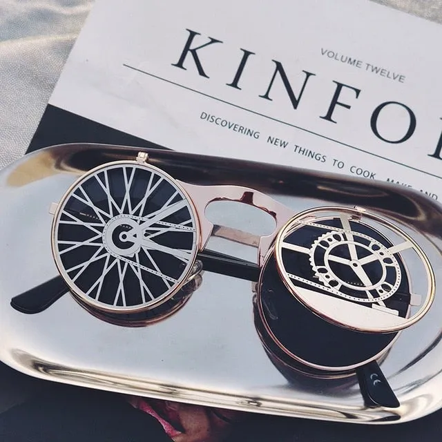 Hip Hop Old School Gothic Flip Circular Double Metal Round Sunglasses
