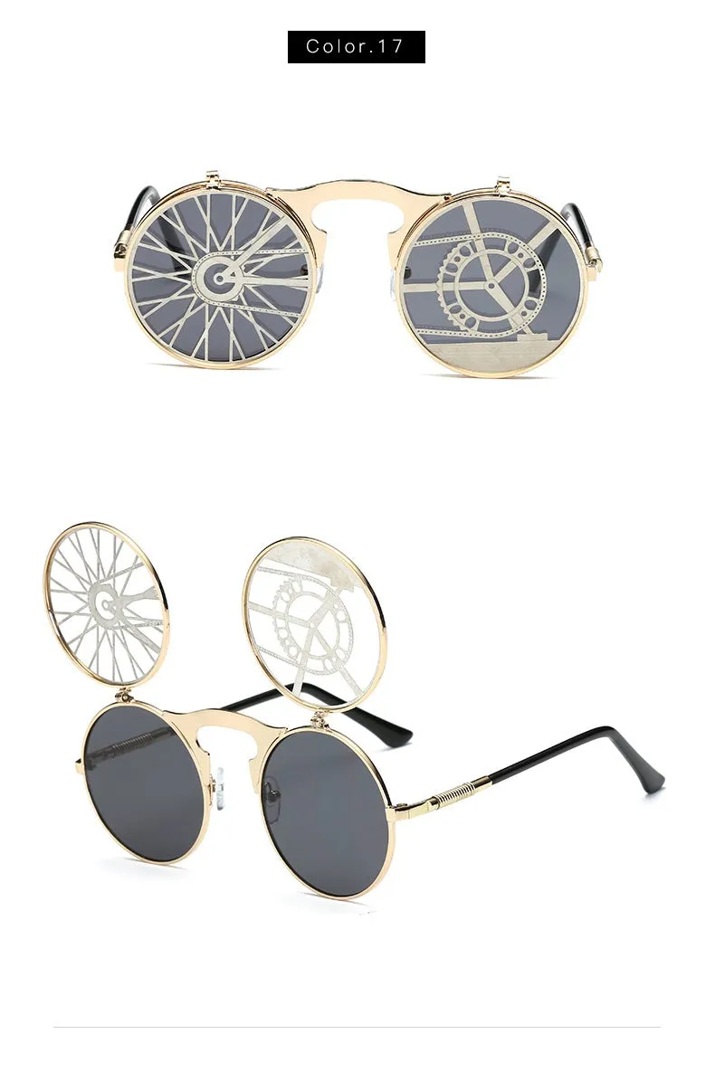 Hip Hop Old School Gothic Flip Circular Double Metal Round Sunglasses