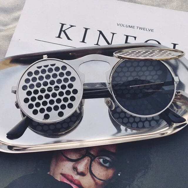Hip Hop Old School Gothic Flip Circular Double Metal Round Sunglasses