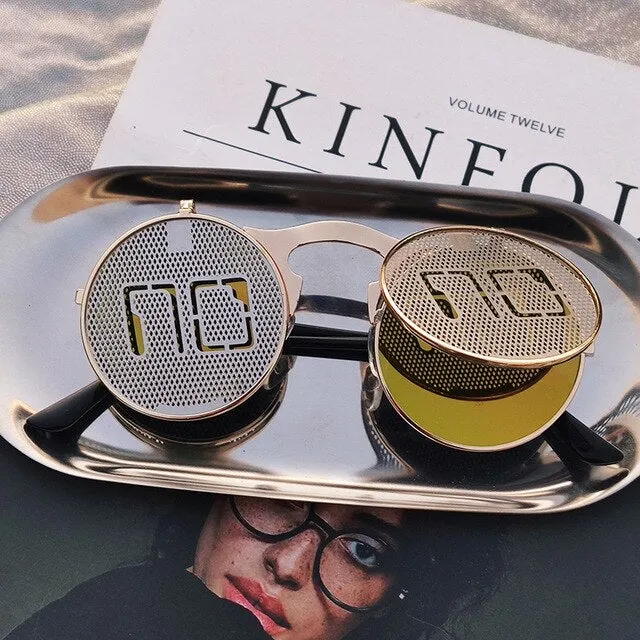 Hip Hop Old School Gothic Flip Circular Double Metal Round Sunglasses