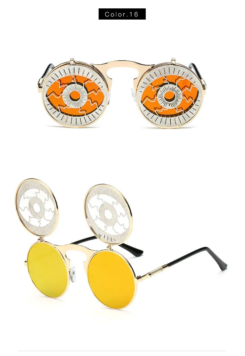 Hip Hop Old School Gothic Flip Circular Double Metal Round Sunglasses