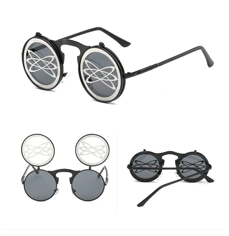 Hip Hop Old School Gothic Flip Circular Double Metal Round Sunglasses