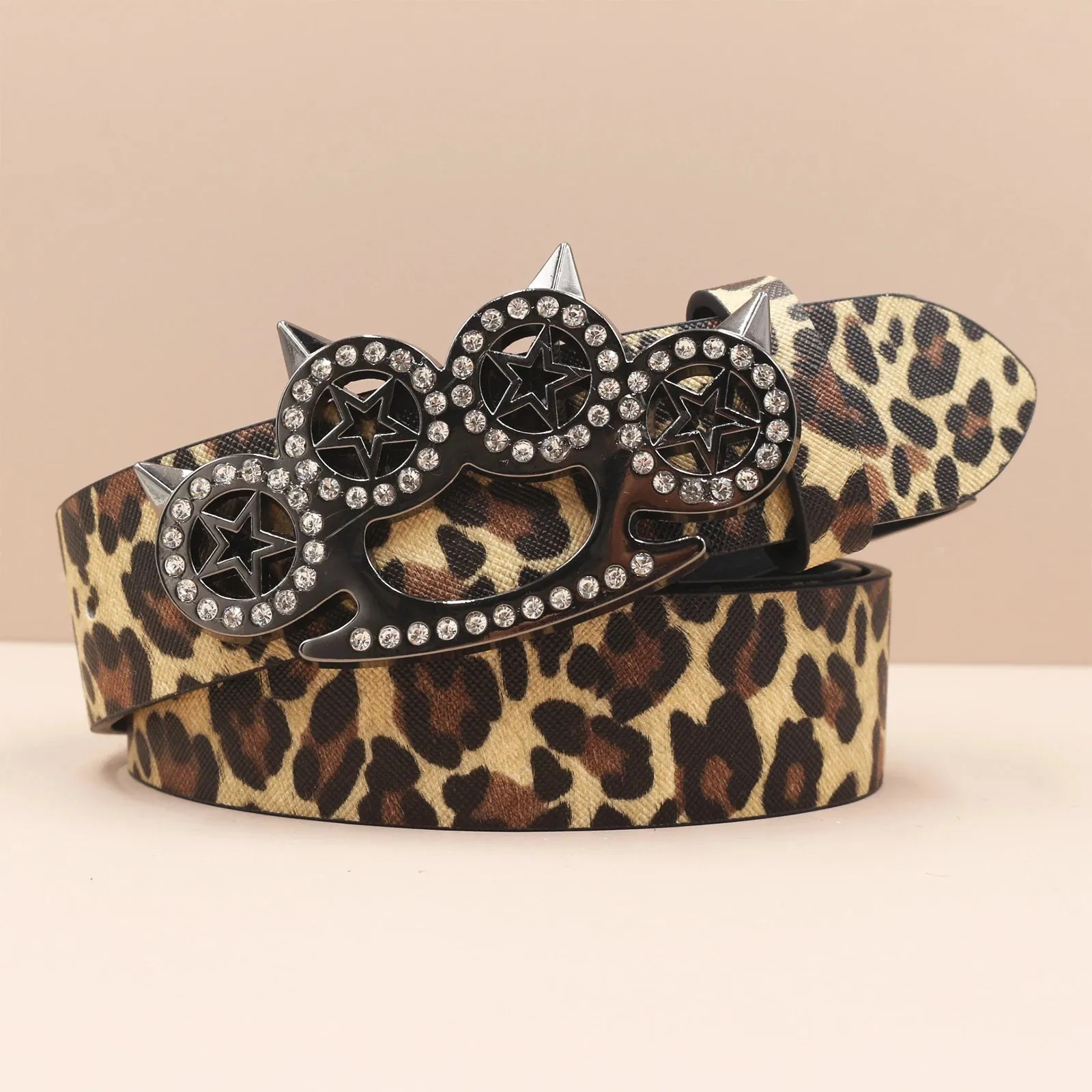 Leopard Print Rhinestone Y2K Belt - Hip Hop Western Shiny Waistband