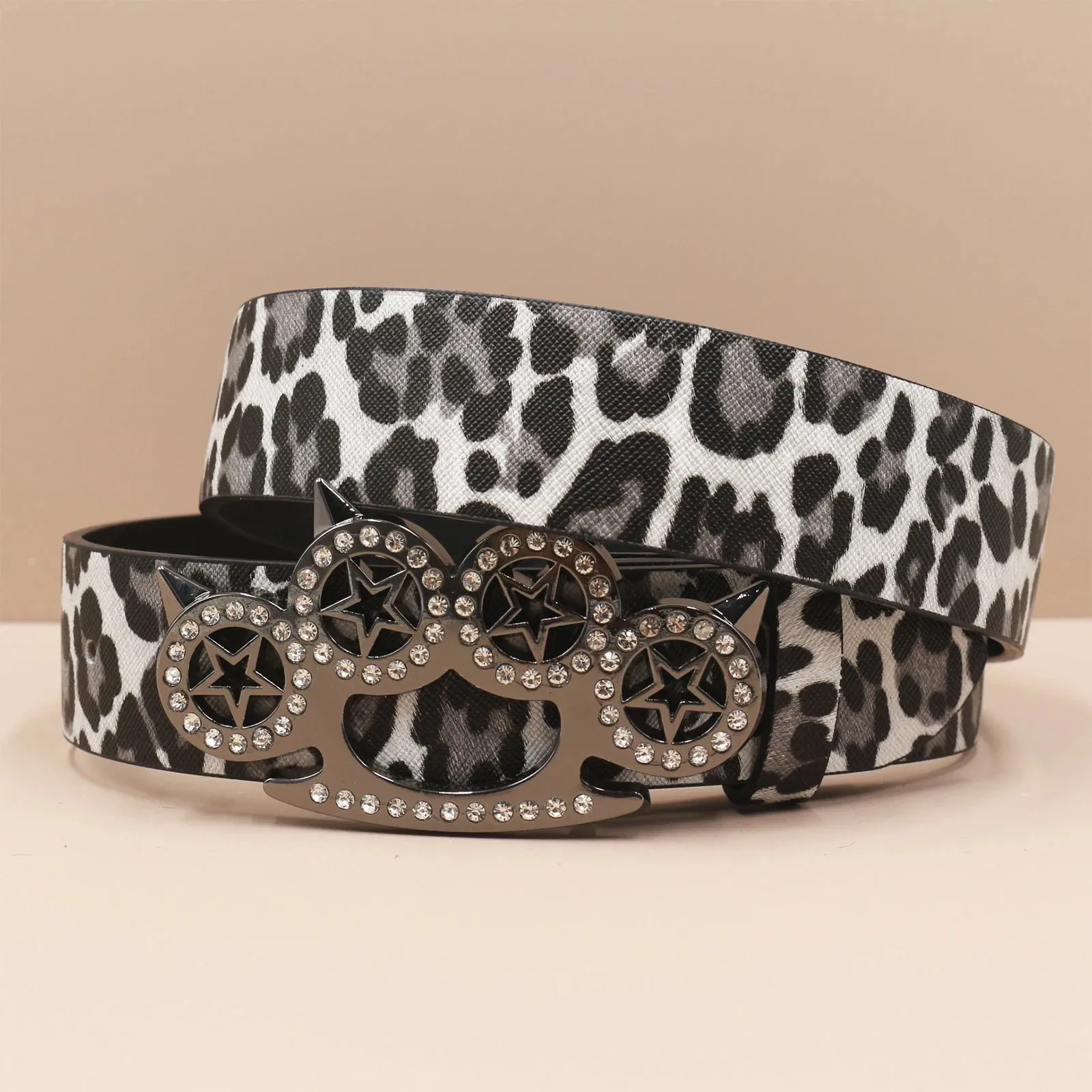 Leopard Print Rhinestone Y2K Belt - Hip Hop Western Shiny Waistband