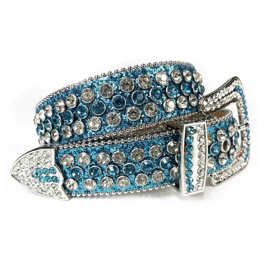Mens Rhinestones Alligator Leather Belt Lake Blue