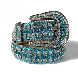 Mens Rhinestones Alligator Leather Belt Lake Blue