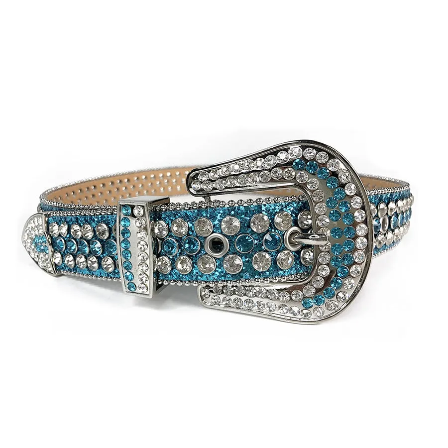Mens Rhinestones Alligator Leather Belt Lake Blue