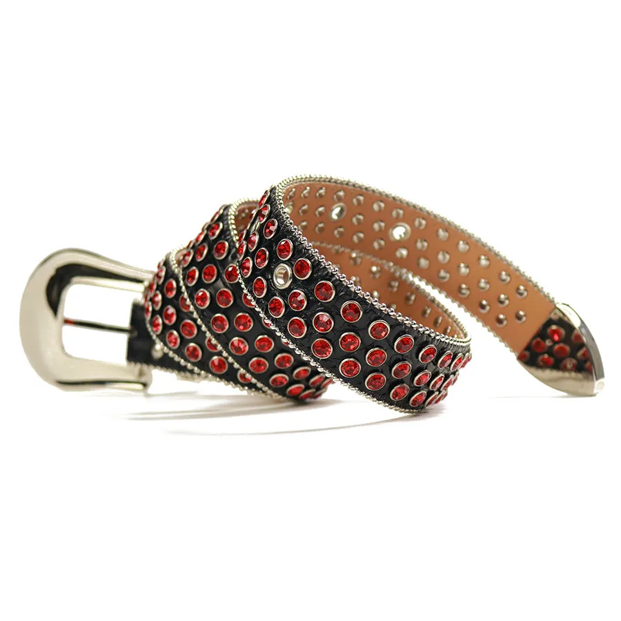 Mens Rhinestones Alligator Leather Belt Red Black