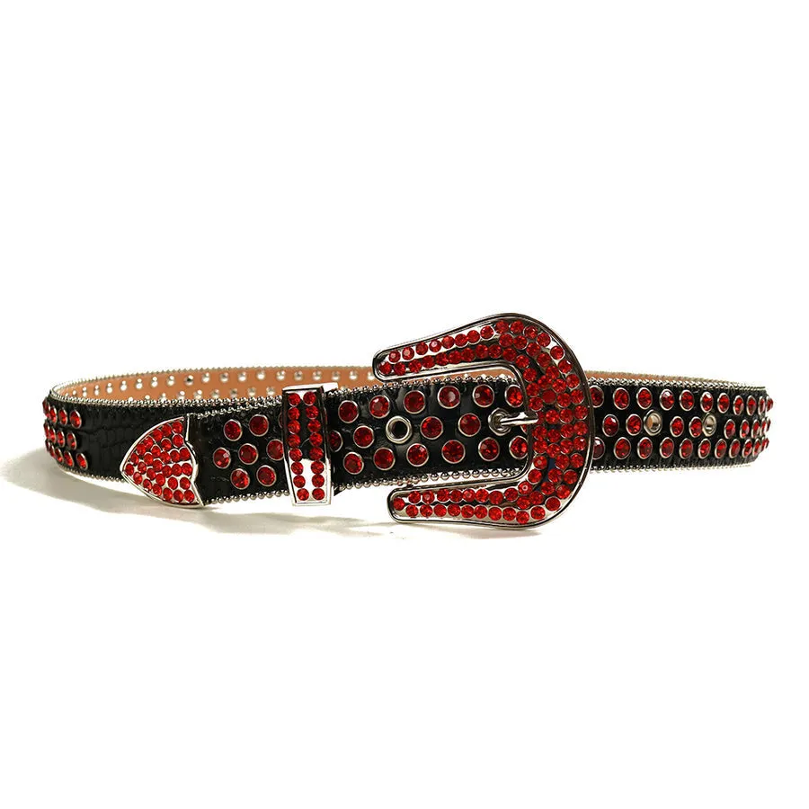 Mens Rhinestones Alligator Leather Belt Red Black