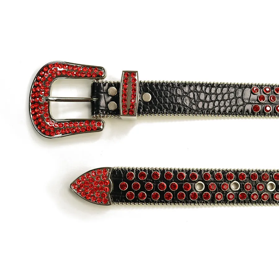 Mens Rhinestones Alligator Leather Belt Red Black