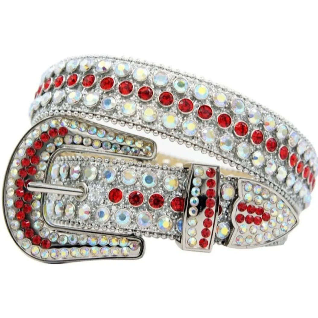 Mens Rhinestones Alligator Leather Belt Silver Red