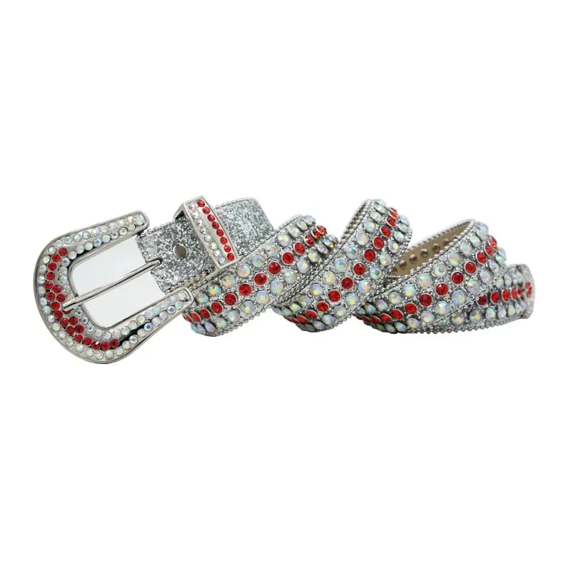 Mens Rhinestones Alligator Leather Belt Silver Red