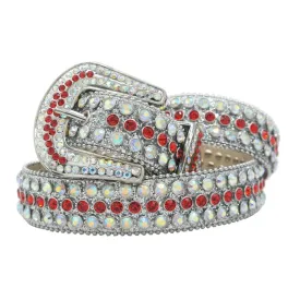 Mens Rhinestones Alligator Leather Belt Silver Red