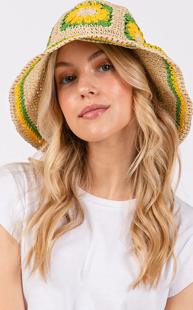 MH0225 FLORAL CROCHET STRAW BUCKET HAT