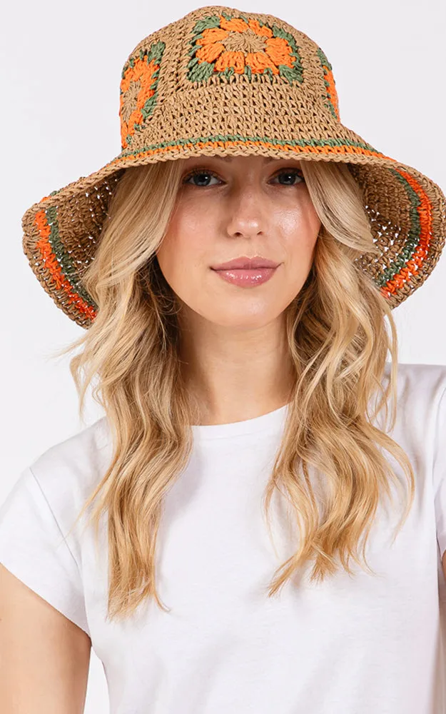 MH0225 FLORAL CROCHET STRAW BUCKET HAT